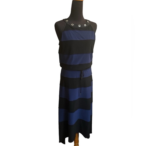 WHITE HOUSE BLACK MARKET Color Block Black Noble Blue Maxi Dress Size Small EUC - Picture 7 of 14